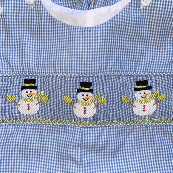 Boys Matching Boutique Christmas Snowman Smocked Longall Size 9 Months - Picture 6 of 9